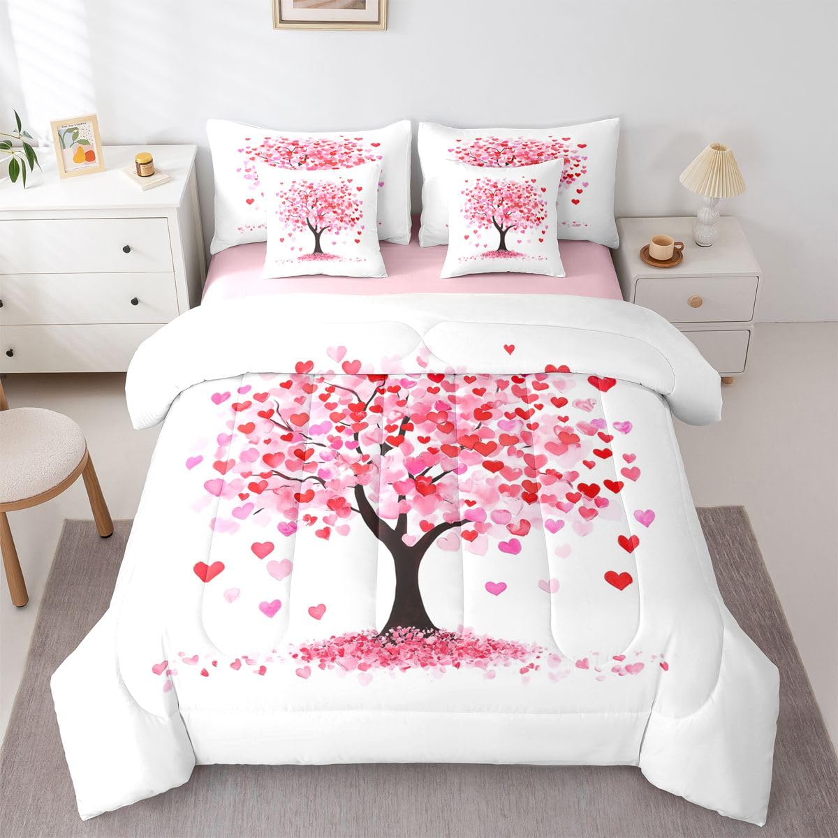 Erosebridal Pink Love Comforter Sets with Sheets - Valentine Tree with Hearts Bedding Set Full for Boys Girls Romantic Couple 7Pcs Bed in A Bag Housewarming Gifts Bed Set