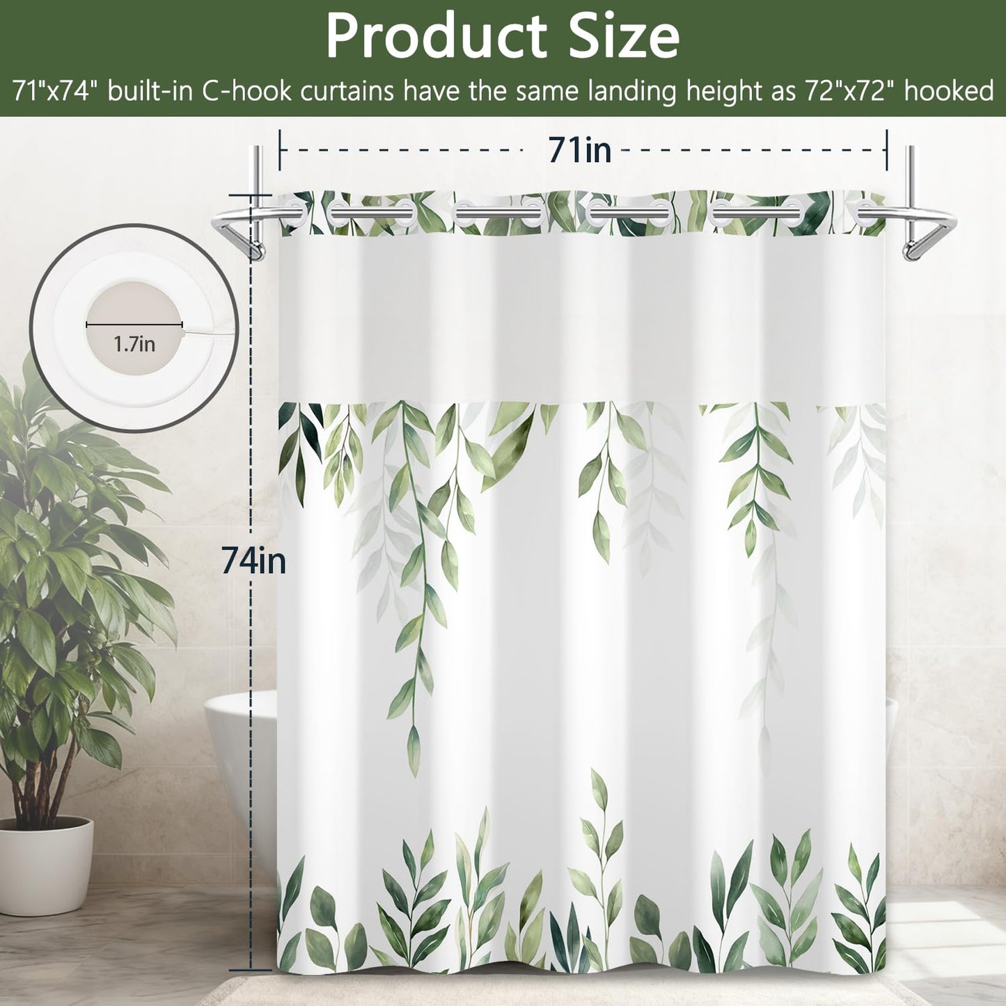 No Hook Light Green Leaves Shower Curtain with Snap in Liner, Waterproof Double Layers Fabric Shower Curtain, Modern Farmhouse Nature Botanical Bathroom Curtains with Top Sheer Window, 71x74 Inch