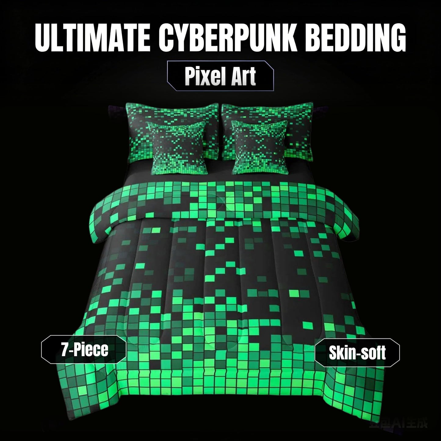 Feelyou Green Black Pixel Art Comforter Set with Sheets 7 Piece Twin Size Gamer Bedding Set for Kids Boys Girls Retro Pixel Bed in a Bag Nostalgic 8-bit Room Decor Soft Lightweight Microfiber