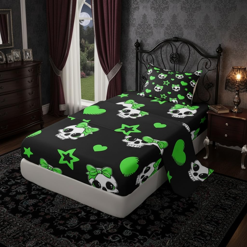 Castle Fairy Cute Skeleton Bed Sheets Twin Size,Exotic Skull Star Love Bowknot Print Easy Wash Bedding Set,Halloween Theme Kids Room Decor,Black Green Sheet(Fitted+Flat+1 Pillowcase)