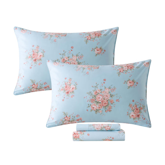 FADFAY Sheets Set Queen Blue Rose Floral Bedding Rustic Peony Flower Bed Sheet Set Vintage Farmhouse Bedding 100% Cotton Ultra Soft Breathable Beddings with Deep Pocket Fitted Sheet 4Pcs, Queen Size