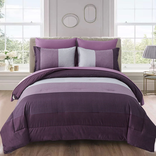 WONGS BEDDING Purple Comforter Set Queen, Reversible Purple Striped Patchwork Alternative Comforte Set for Queen Bed,3 Pieces(1 Comforter+2 Pillowcases), Soft Microfiber Bedding Set 90”×90”