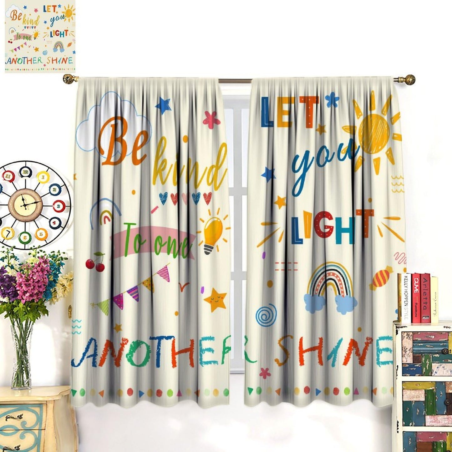 AAVEUP Cartoon Curtains for Kids,Colorful Early Childhood Learning Education Sun Rainbow Stars Cute Quotes Window Drapes for Nursery Boys Girls Bedroom Living Room 42x45in（No Blackout）