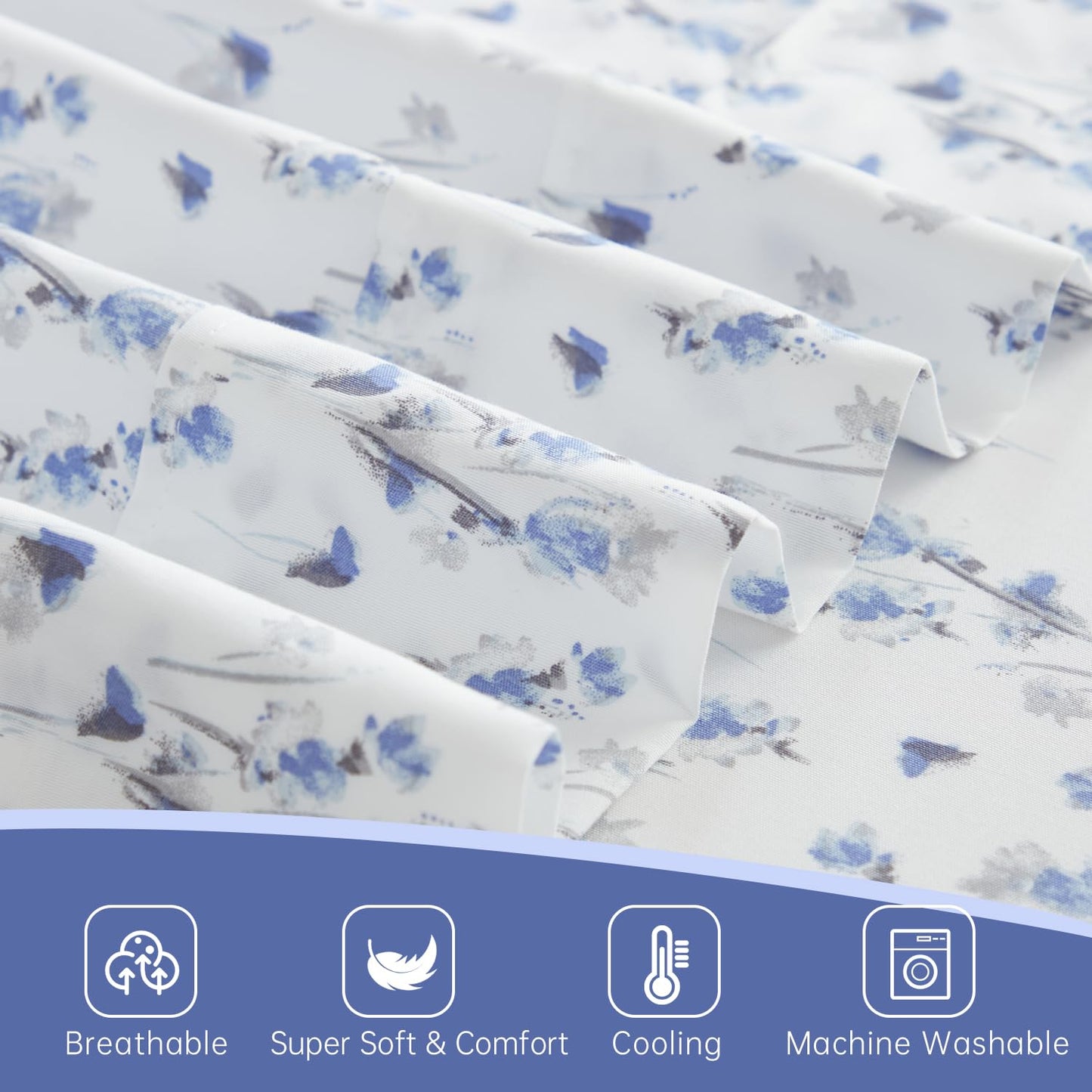 California King Sheet Set 4PC Printed Light Blue Flower Pattern Double Bed Luxury Cooling Soft 100% Microfiber Brushed Sheets 17” Deep Pocket, Easy Care, Breathable, Wrinkle Free, Machine Washable