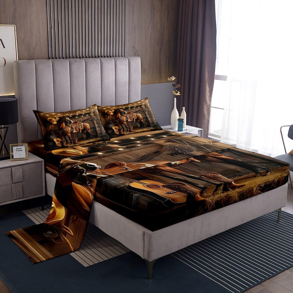 jejeloiu Western Horse Bed Sheets Set Queen Size Cowboy Bed Set for Kids Boys Girls Wild West Cowboy Deep Pocket Fitted Sheet Rustic Breathable Soft Lightweight Microfiber