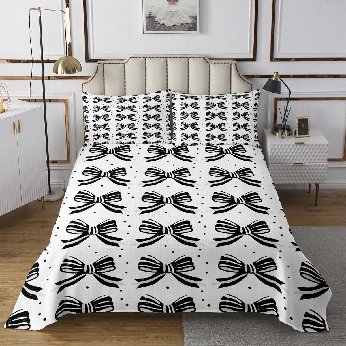 jejeloiu Bowknot Bedspread Quilts Black White Stripes Bow Coverlet Set Queen Size for Kids Boys Girls Cute Style Quilted Coverlet for All Season with 2 Pillowcases Microfiber