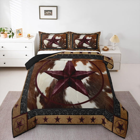 jejeloiu Western Texas Star Comforter Set Queen Size Cowhide Bedding Set for Kids Boys Girls Farmhouse Rustic Duvet Quilt Cow Fur Print Bedroom Decor Microfiber 3 Pcs with 2 Pillow Cases