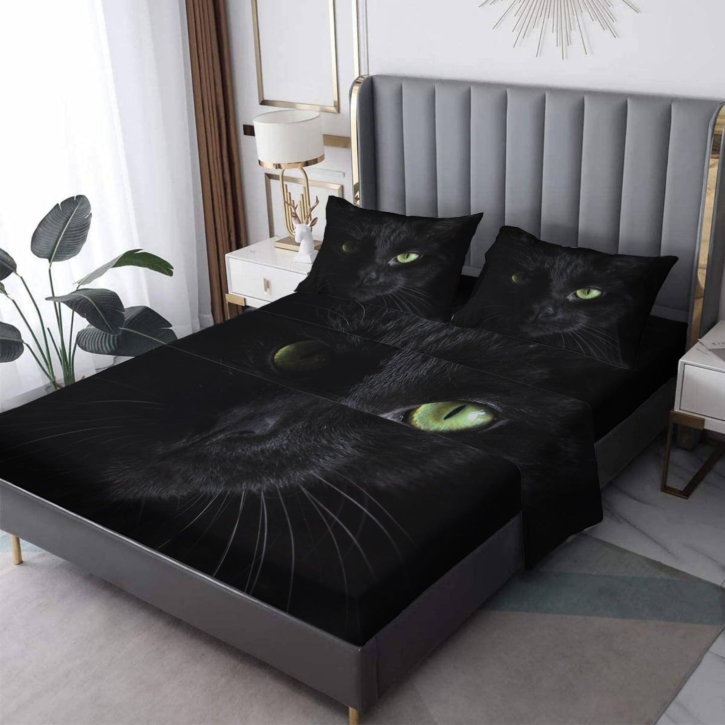 THYUNQ Black Cat Sheets Full Size Bed, 3D Animal Kitten Pattern Bedding Sheets & Pillowcases - 16 Inch Deep Pocket, Super Soft Microfiber Printed Sheet Set 4 Piece