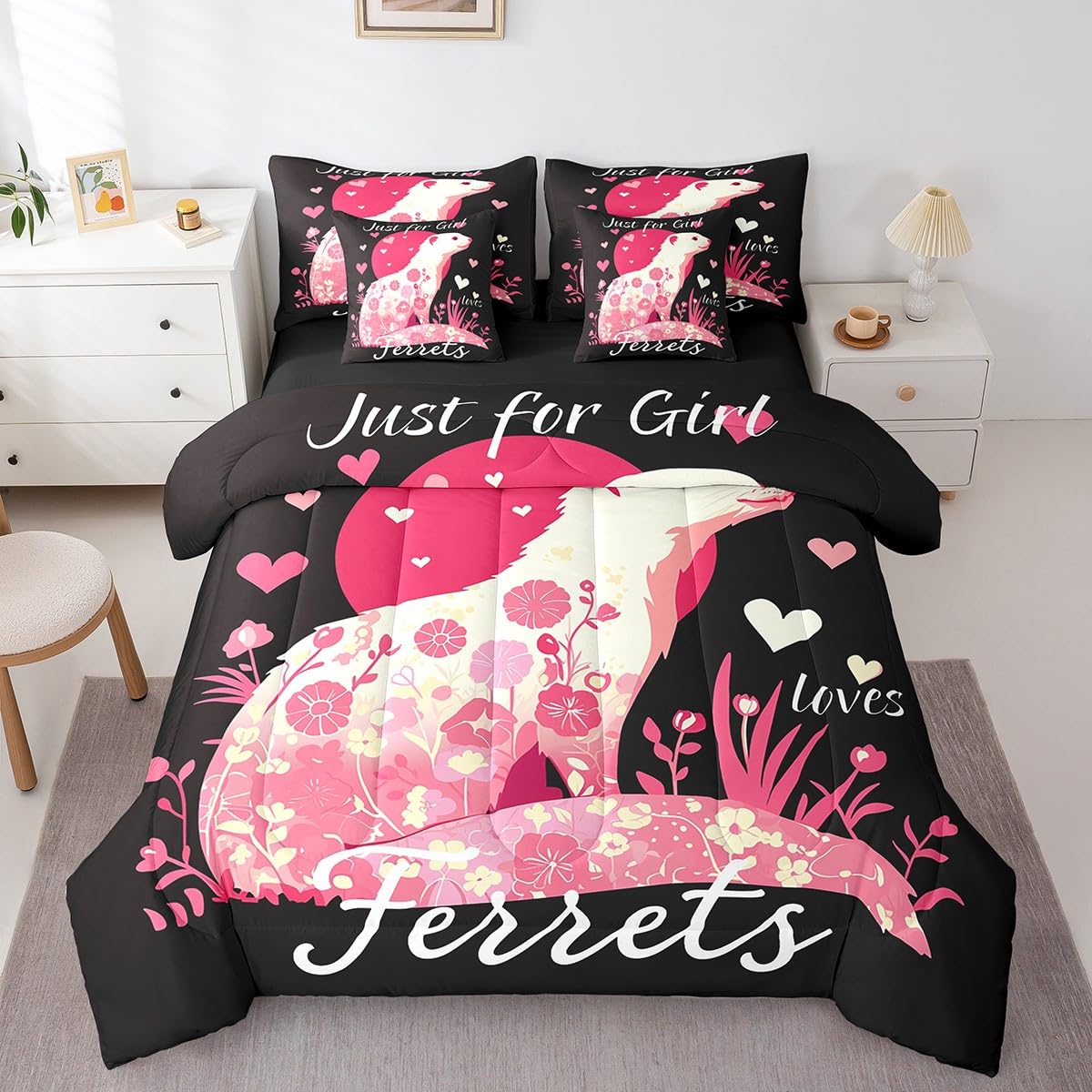 Erosebridal Ferret Comforter Set 7 Piece Bed in a Bag Twin,Abstract Flower Guinea Pig Bedding Sets Lovely Cavy Comforter and Sheet Set,Boho Floral Cute Animal Bed Set