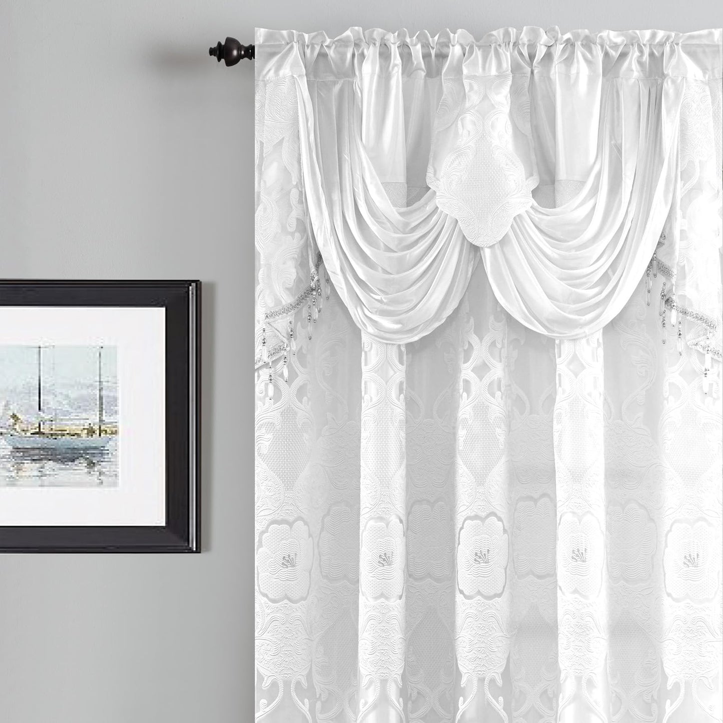 Petrichor White Sheer Jacquard Voile Curtains （54" W x 84" L）, 2 Panels with Attached Valance, Double Layer Floral Cutwork Design with Luxurious Texture, Rod Pocket, for Bedroom & Living Room