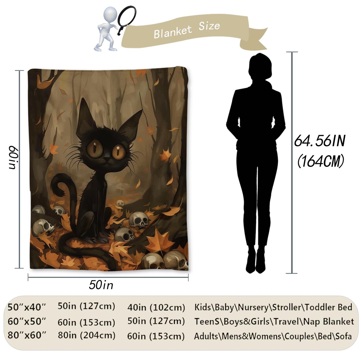 Ti Caldi Eerie Black Cat, Skulls & Autumn Forest Blanket | Soft Warm Fuzzy Lightweight Flannel Throw for Couch, Bed, Halloween Decor, Travel & Outdoor, Cozy Blankets for Adults Women Men 60×50 in