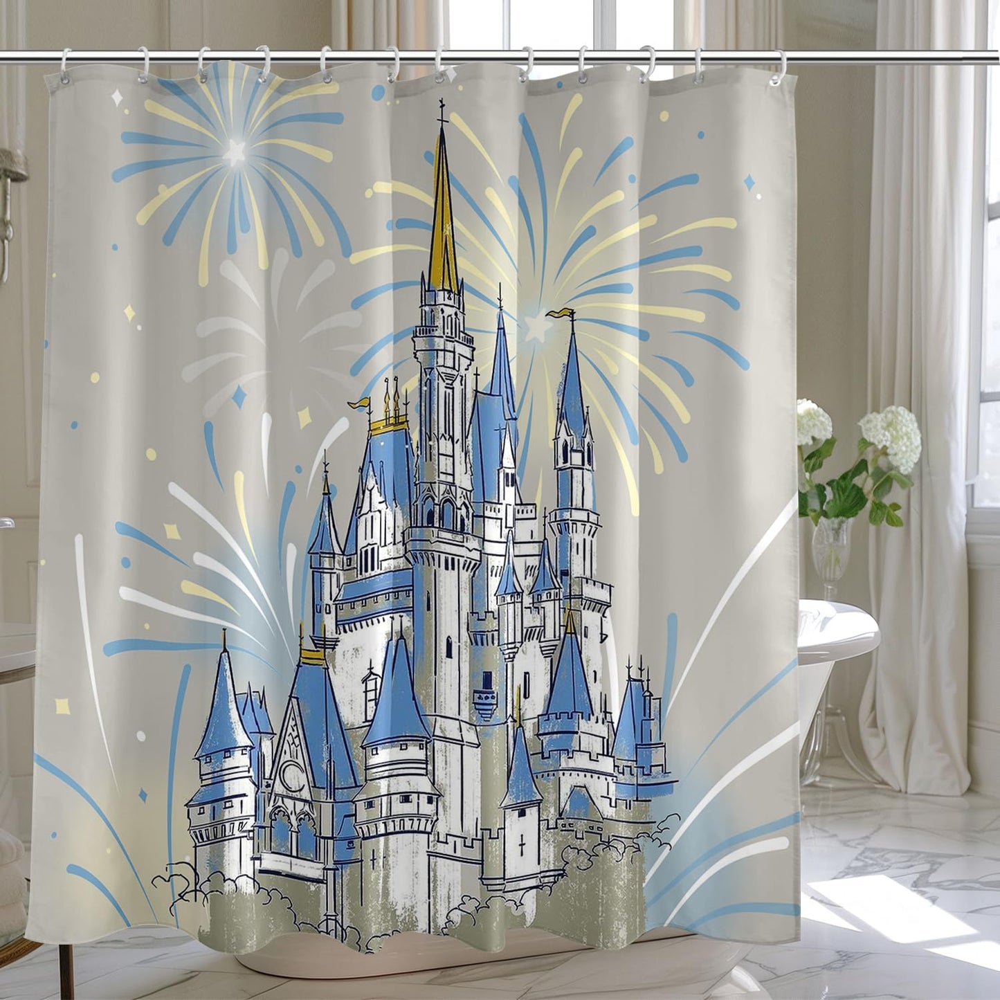 Vehcimbev Blue Cartoon Castle Shower Curtain Fireworks for Girl Bathroom Decor Waterproof Curtain with Hooks for Bathrooms Shower Fabric Showers Curtains Set 72x72Inch