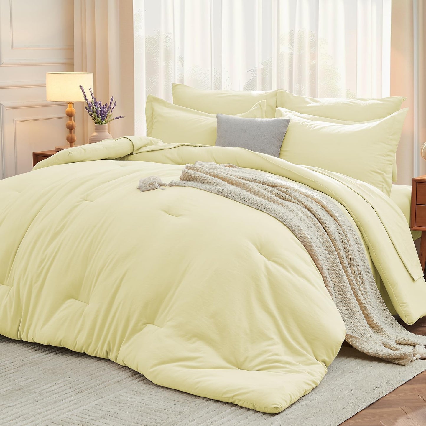 MUXHOMO 7 Pieces King Comforter Set, Soft Bed in a Bag King Size, All Season Bedding Set with Comforter, Flat Sheet, Fitted Sheet, Pillowcases & Shams, Cream Yellow