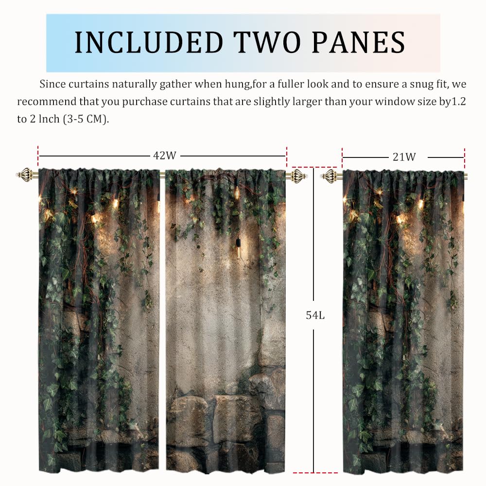 XSUPFLYM Retro Realistic Stone Wall Window Thermal Curtain for Living Room Mid Century Classic Spring Landscape Botanical Plant Green Leaves Blackout Curtains for Bedroom 2 Panels Each 21" W x 54" L