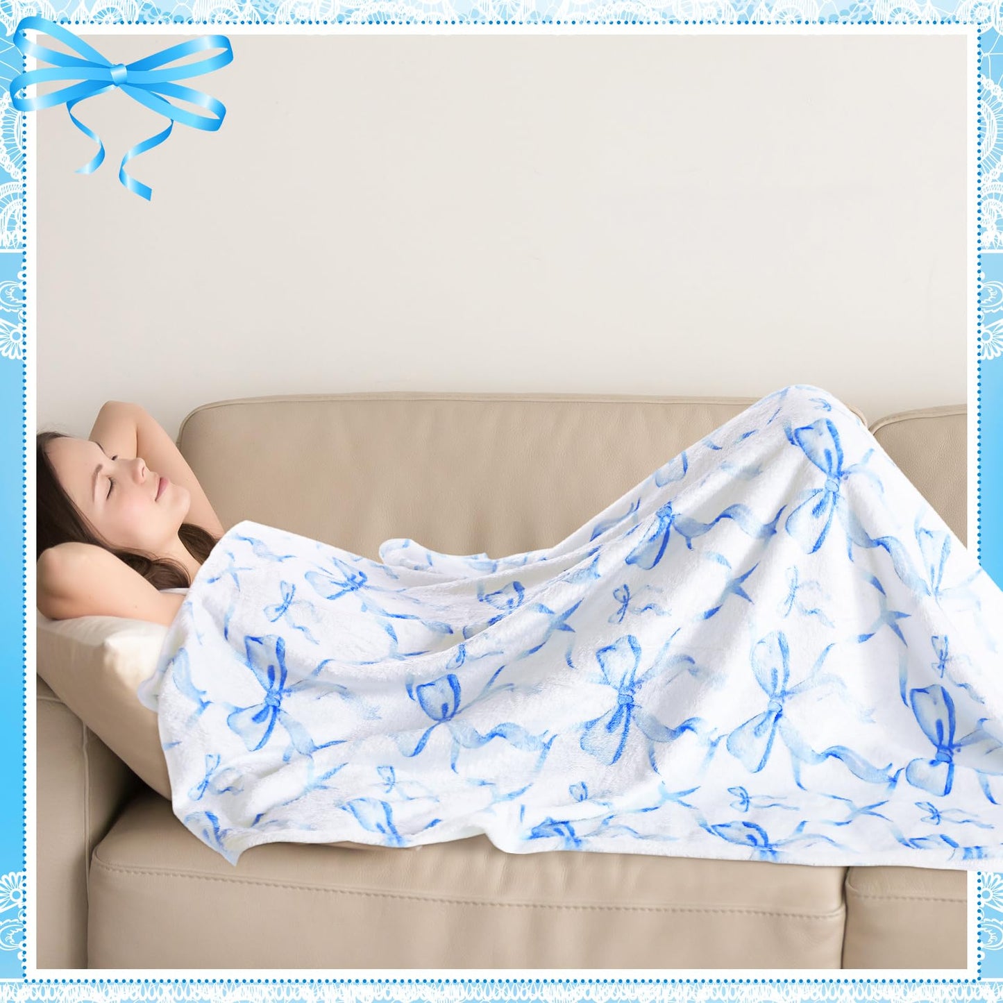 Buryeah Blue Bow Throw Blanket Valentine's Day Galentines Day Gifts Preppy Blanket Coquette 50 X60 Flannel Soft Cute Bow Lightweight Aesthetic Room Decor for Women Friends for Sofa Couch Travel Bed