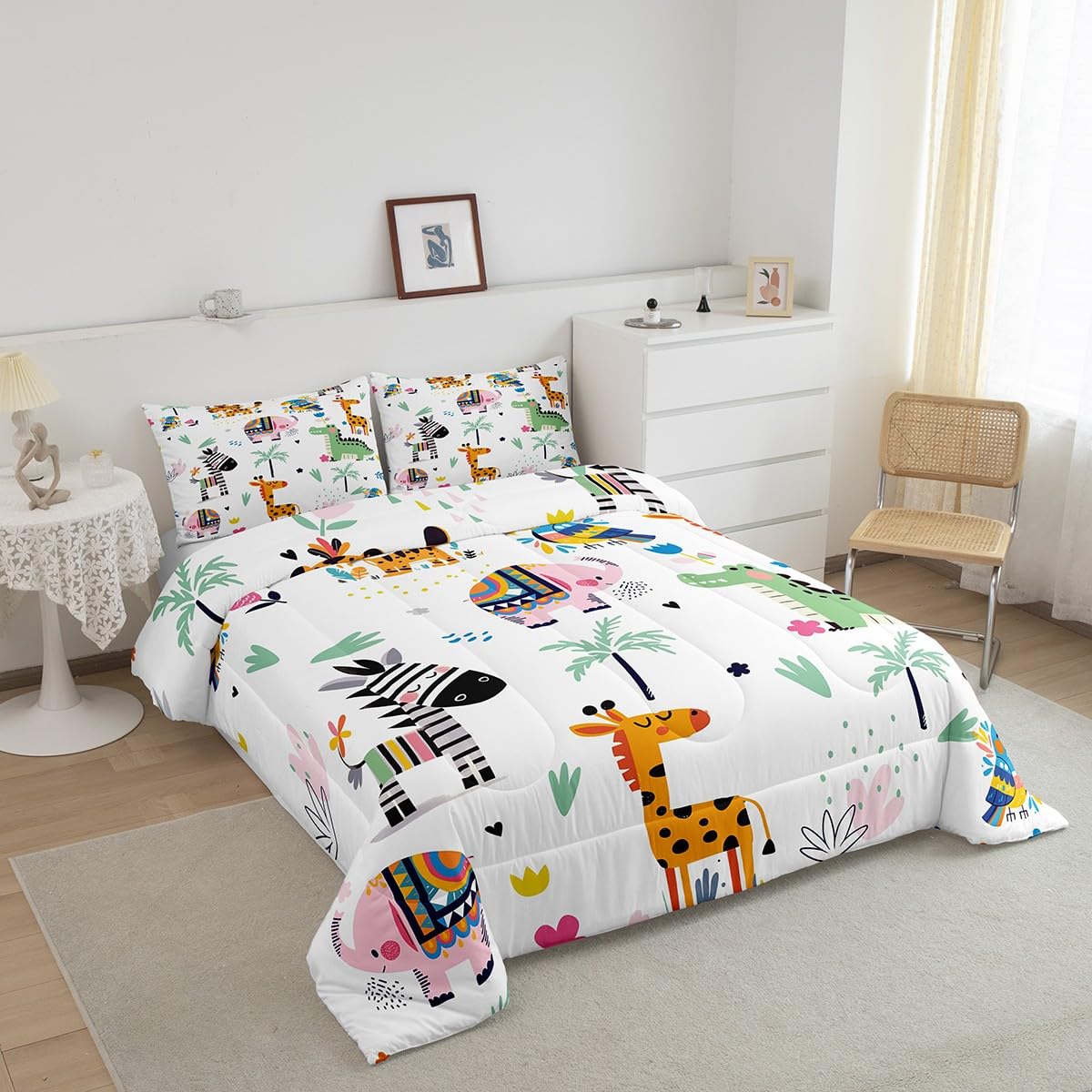 Feelyou Zoo Animals Comforter Set for Girls Boys Kids Twin Size Giraffe Elephant Dinosaur Comforter Room Decorative Wild Animals Bedding Set Cartoon Animal Duvet Set 3Pcs Quilt Set
