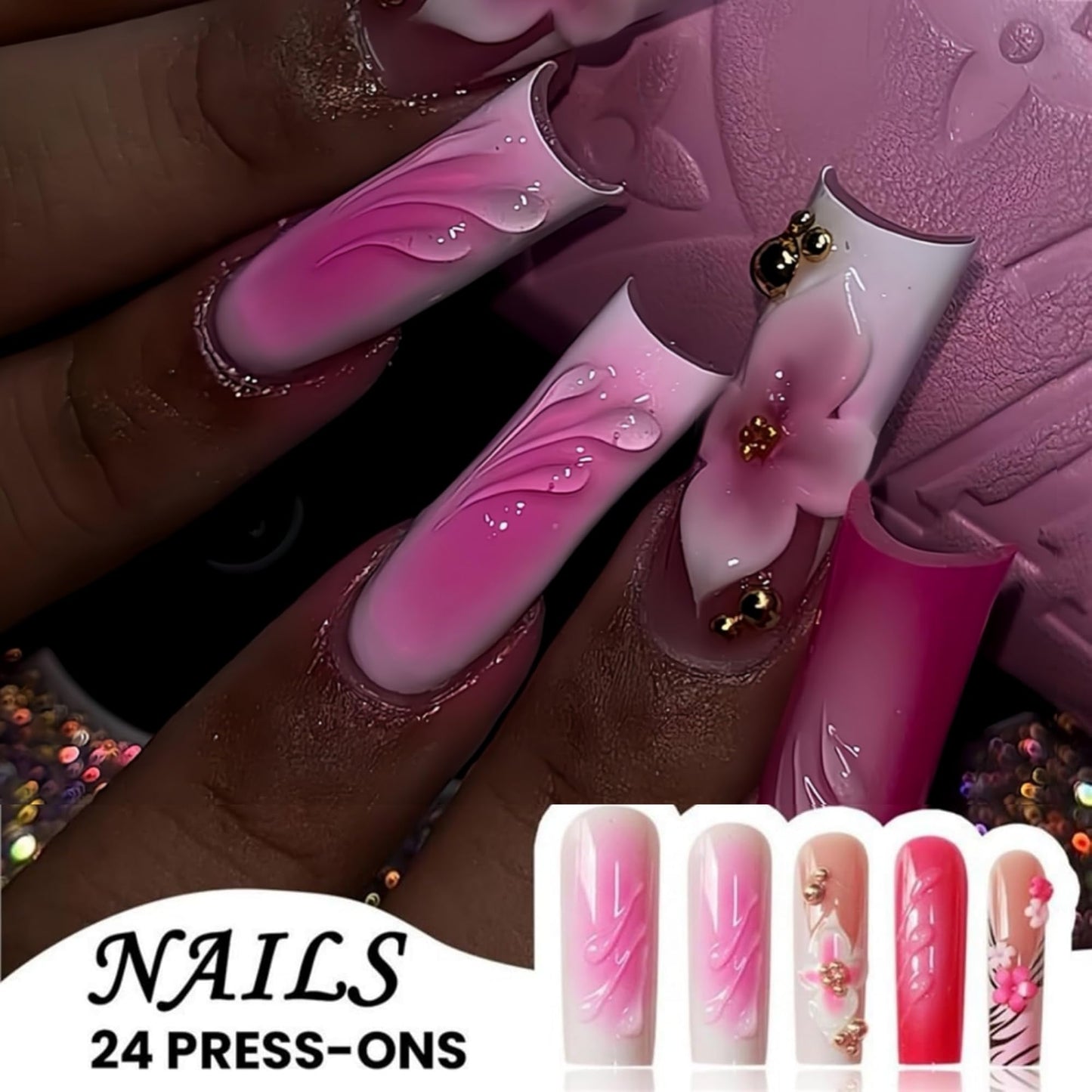 Long Press on Nails Square Fake Nails Pink French Artificial Nail with 3D Floral Designs Glitter Cute Stick on Nail for Women 24pcs