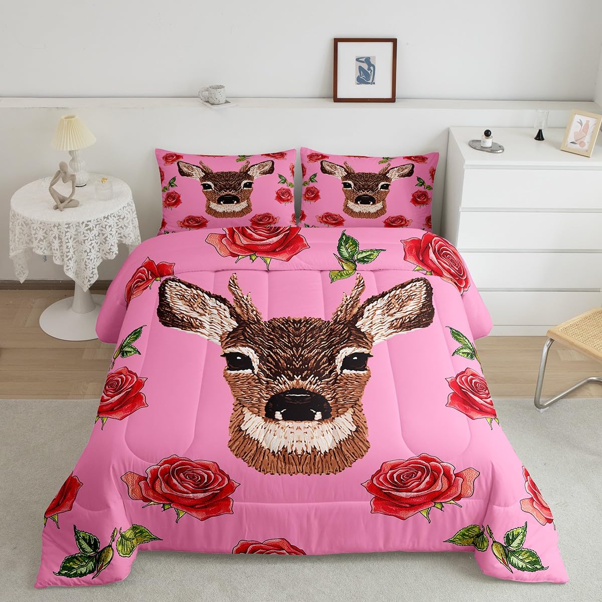 Erosebridal Cute Deer Comforter Set Twin Size Cartoon Flowers Bedding Set for Kids Girls BoysRomantic Pink Roses Comforter Garden Love Quilt Bedroom Decor