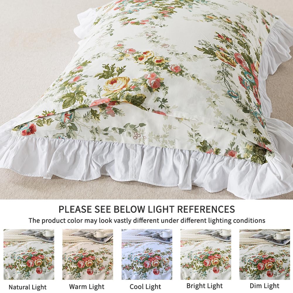FADFAY Floral Duvet Cover Set King/Cal King（102×96 inches） 100% Cotton Ruffle Vintage Rose Comforter Cover Set, Red Teal Flower Printed Off White Girls Shabby Bed Covers,Soft and Breathable, 3Pcs