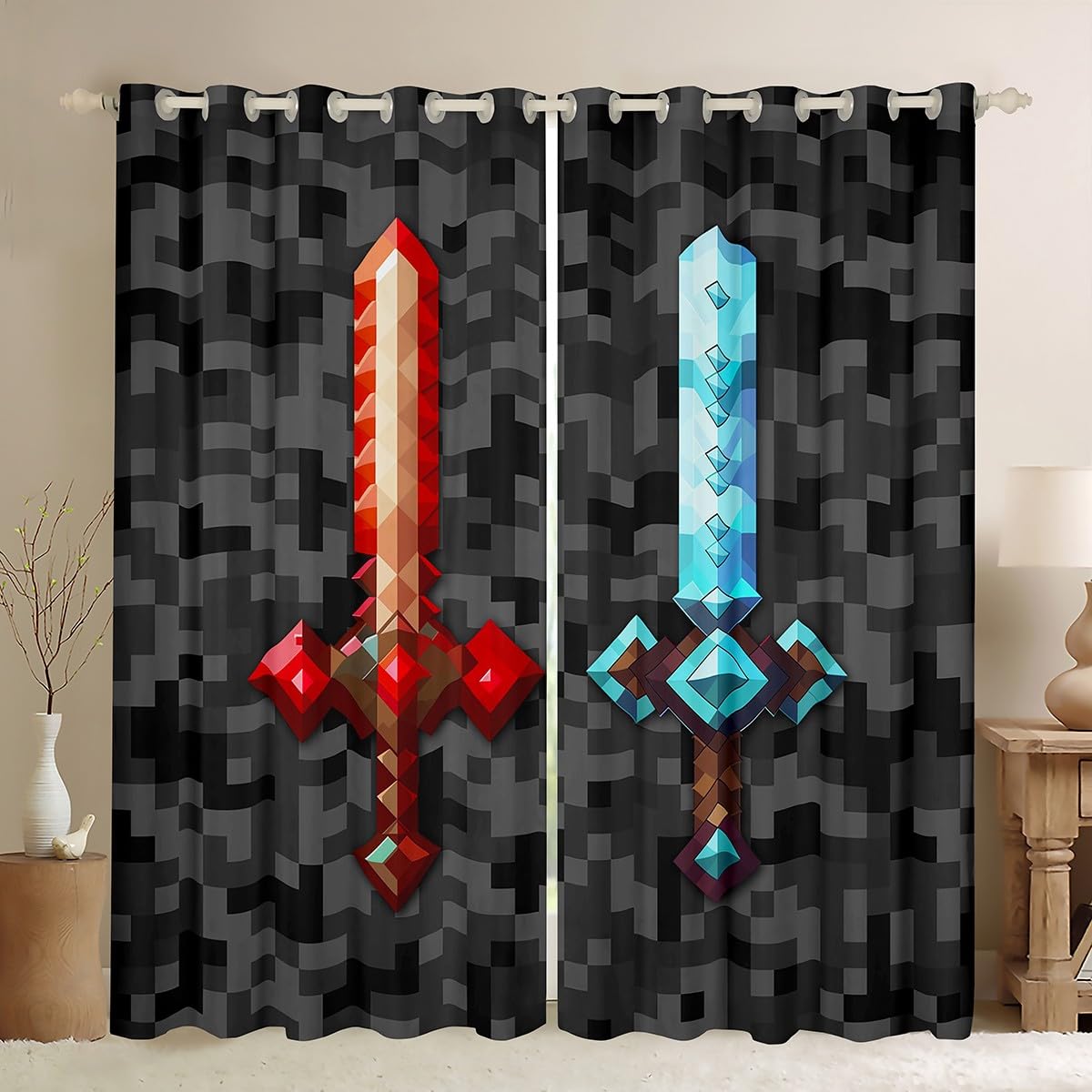 Castle Fairy Red Blue Sword Bedroom Decor Curtains,Sandbox Building Games Window Curtain,Kids Teens Pixelated Style Swords Window Treatment Grey Black Camo Blackout Drapes 2 Panels,38Wx54L