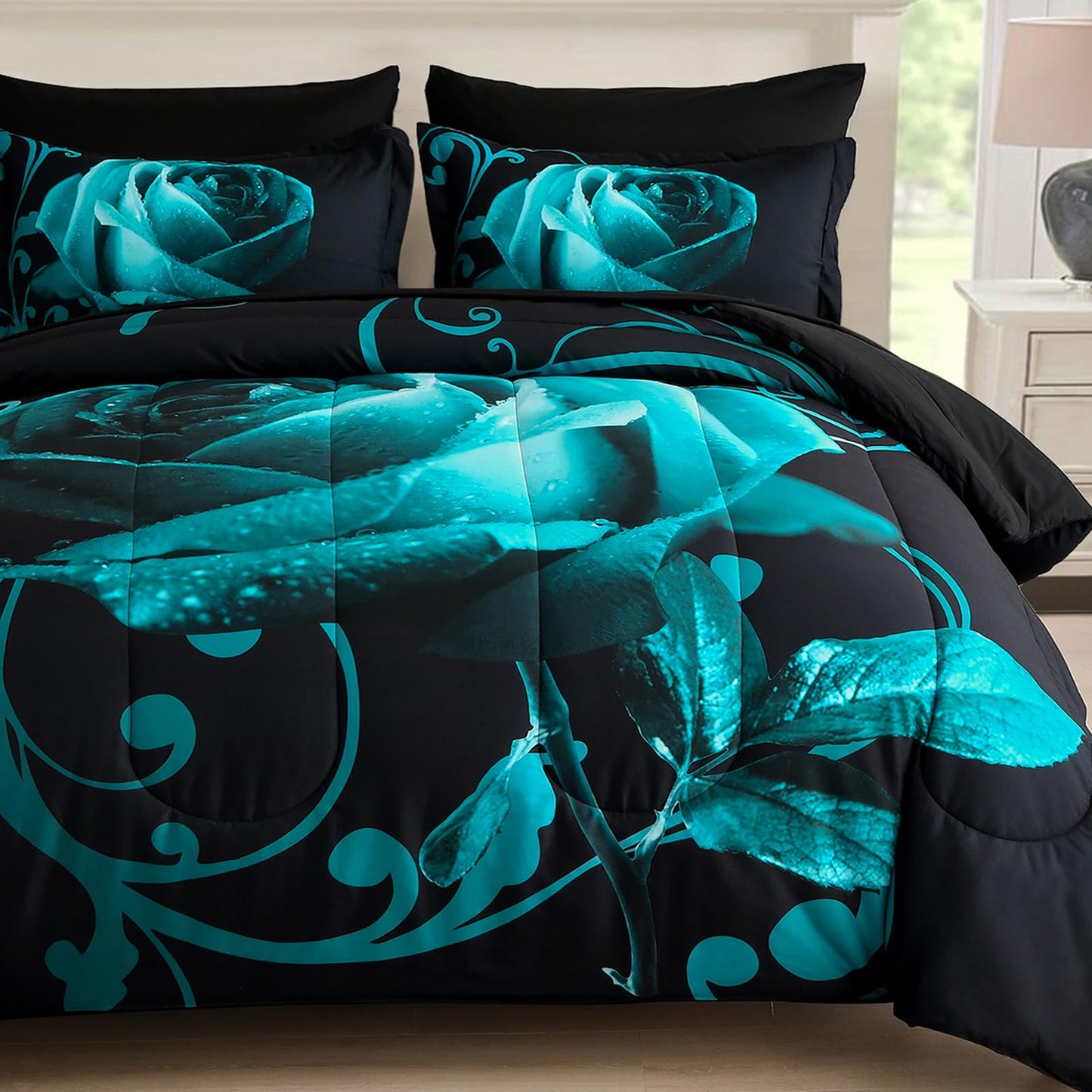 WONGS BEDDING Teal Green Comforter Set King, Reversible Rose 7 Pieces Bed in a Bag, Lightweight Soft Microfiber Bedding Sets with Flat Sheet, Fitted Sheet, Pillowcases & Shams
