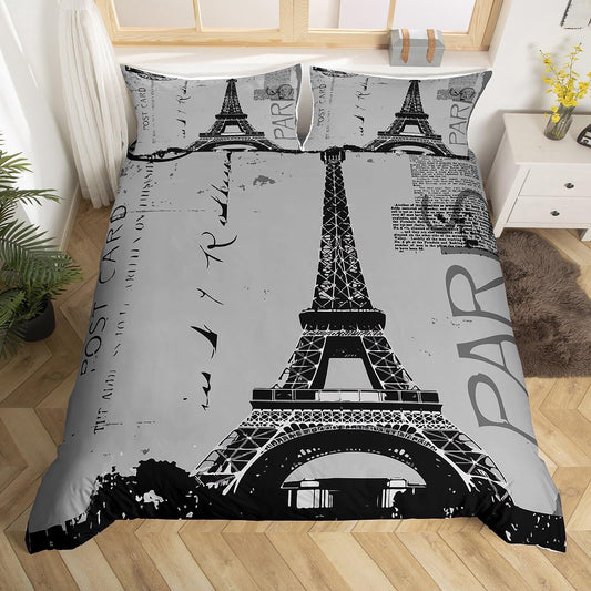 Erosebridal Eiffel Tower Comforter Cover Vintage Romance Duvet Cover Paris France Bedding Set Old Newspaper Style Bedspread Cover for Men Women, 3 Pcs Full Size,Gray Stylish Lightweight