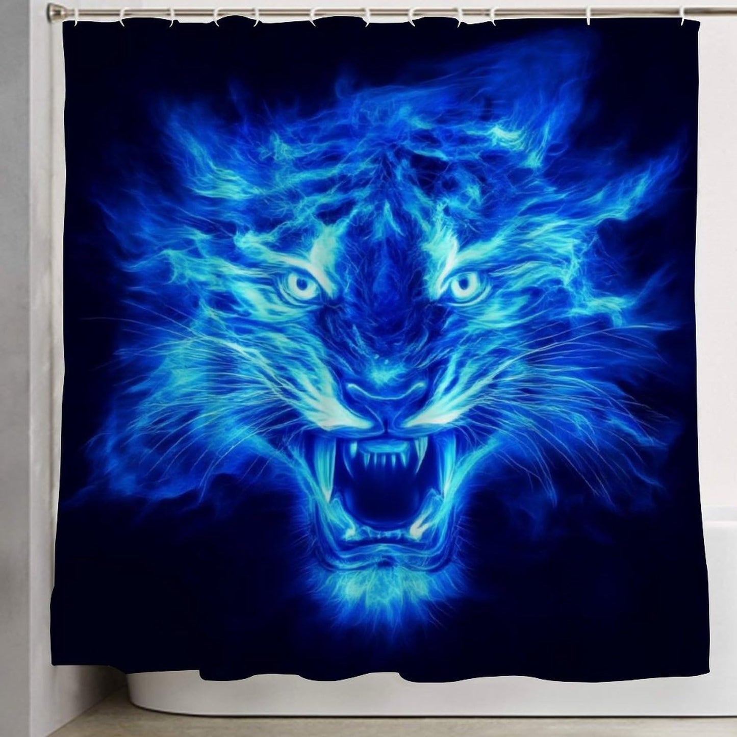Fashion Waterproof Lightweight Shower Curtain, Blue Fire Tiger Hotel Bathroom Decorative Shower Curtain with Hooks, 72"x 70"
