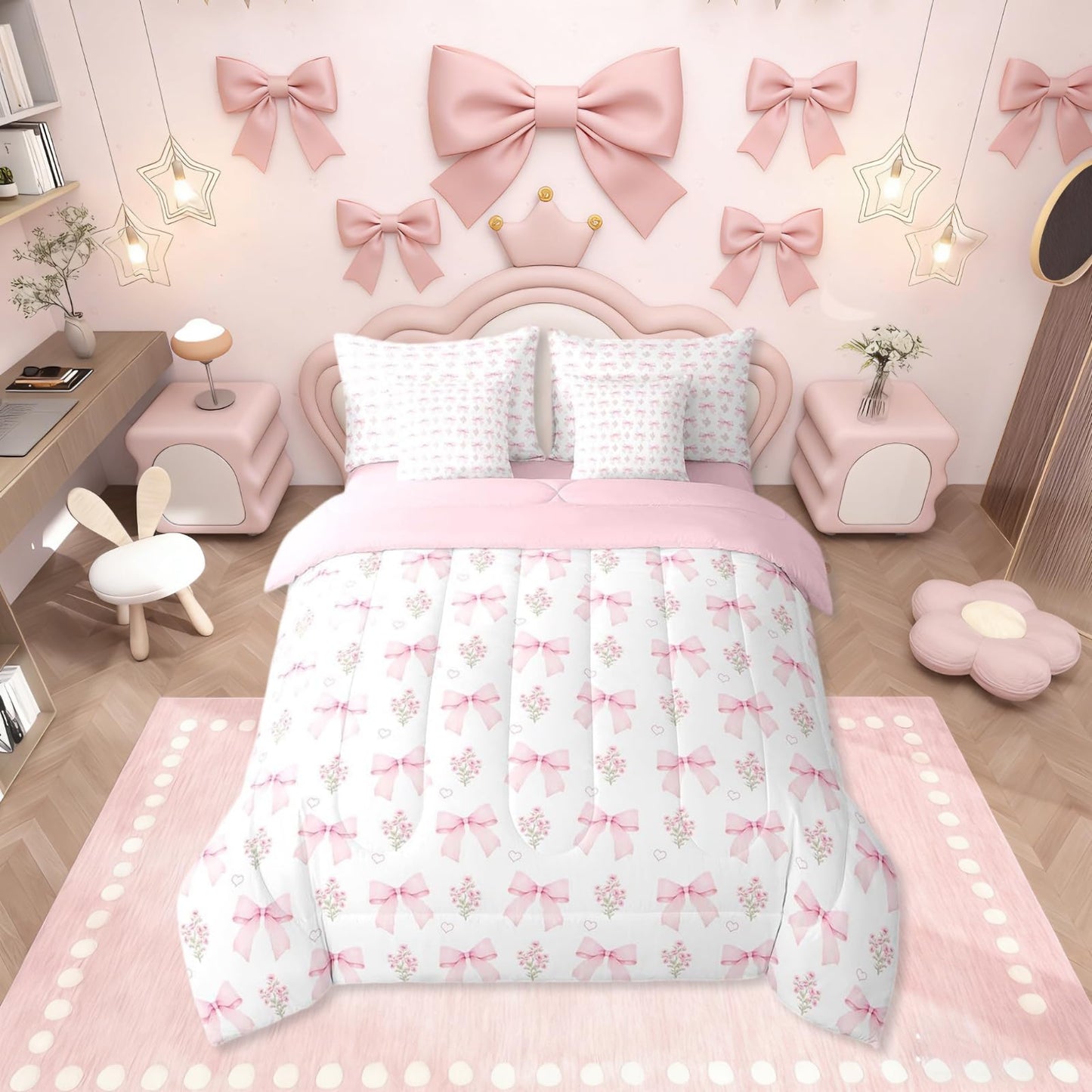 Erosebridal Bow 7 Piece Comforter Set King Bed in a Bag for Girls Kids,Girly Pink Floral Coquette Comforter,Heart Shaped Bow Ties Bedding Sets Dreamy Princess Style Bowknot Sheet Set with Comforter