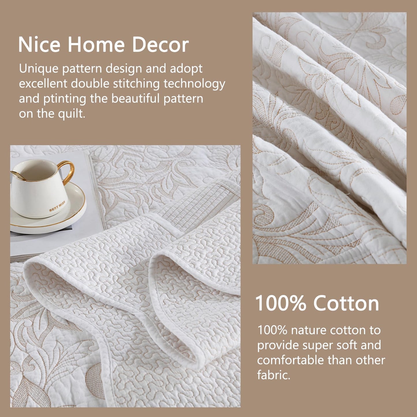 Finlonte Oversized King Bedspread 120"x120" - 100% Cotton Vine Embroidery King/Cal King Quilted Bedspread Coverlet, Lightweight Extra Large Quilt Set with 2 Pillowshams, White/Yellow