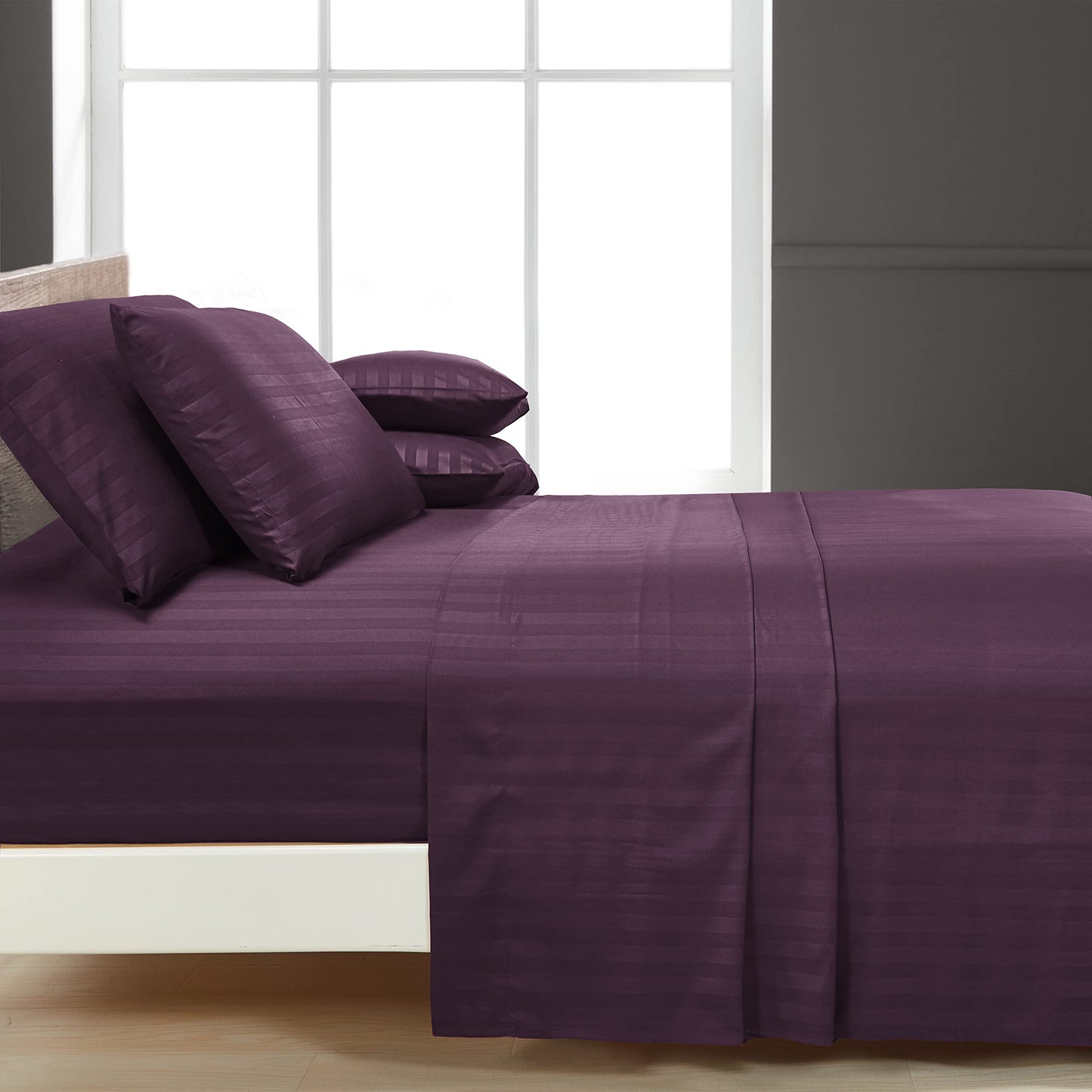 Mocassi Queen Stripe Sheet Set - Luxury Hotel 1800 Premier Bedding Sheets & Pillowcases - Ultra Soft Breathable & Cooling Bed Sheets - Wrinkle Resistant - 6 Piece Set - Queen, Purple