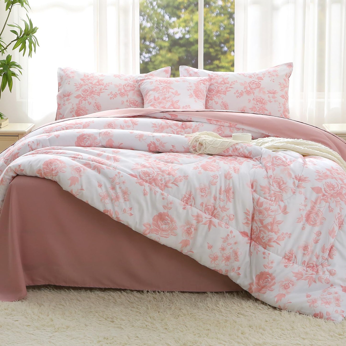JQinHome Queen Comforter Set - 6 Pieces Reversible Pink Rose Floral Bedding Set, Bed in a Bag with Solid Pink Back Microfiber Comforter, Sheets & Cushion Cover, Edredones Queen Set Completo