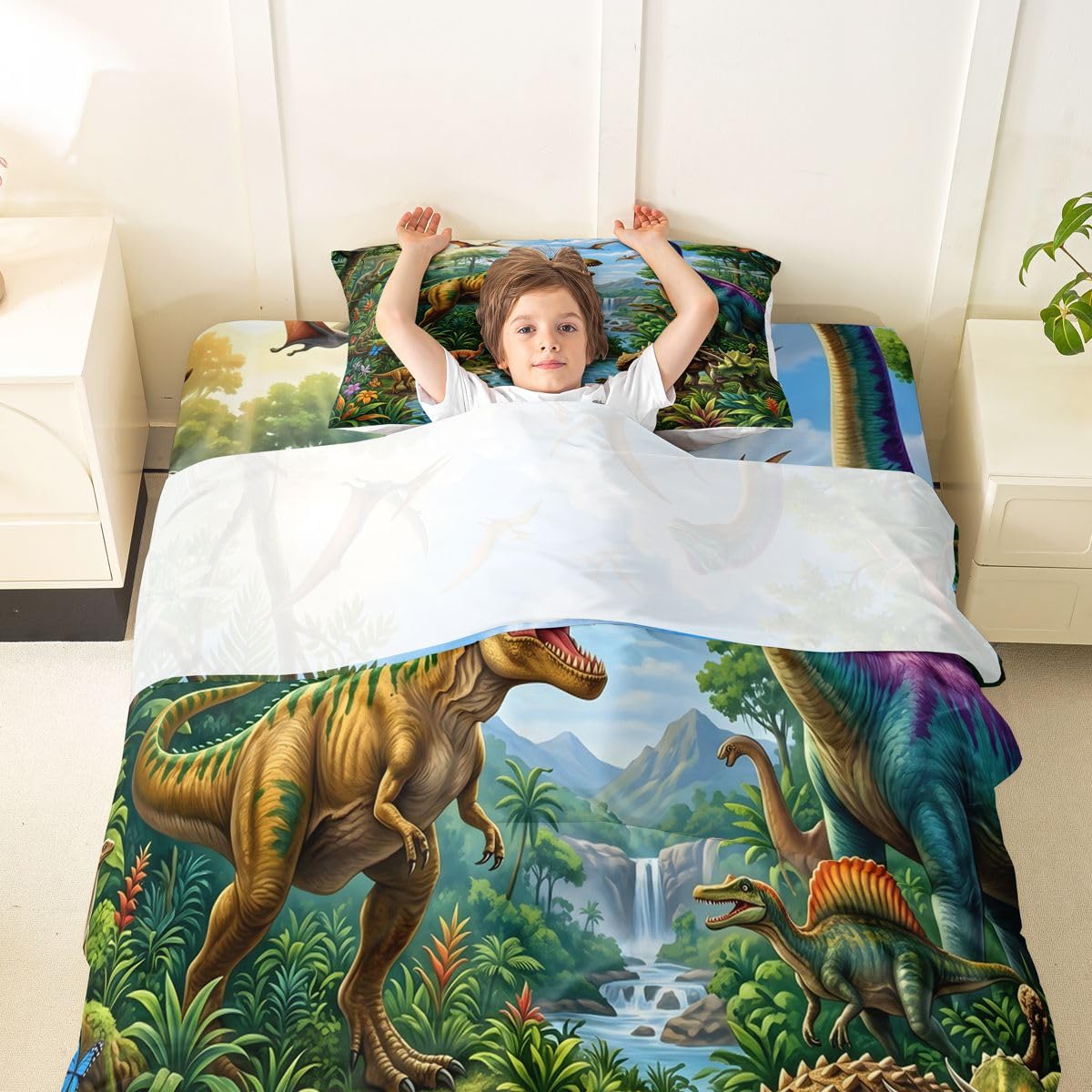 Feelyou Dinosaur Bed Sheets Set Twin Size 3D Digital Print Bed Set Jungle Dino Deep Pocket Fitted Sheet Wild Animal Breathable Soft Lightweight Microfiber Blue White Green Yellow