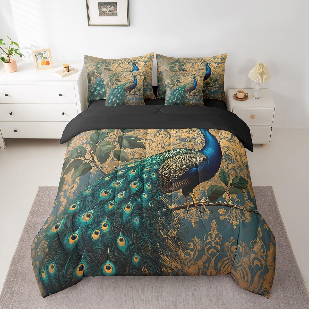 Erosebridal Blue Peacock Comforter Set King Size,Elegant Damask Bedding Set for Kids Teens,Bird and Floral (Comforter+Fitted+Flat Sheet+2 Pillowcases+2 Throw Pillow Covers) 7 Pieces Bed Set