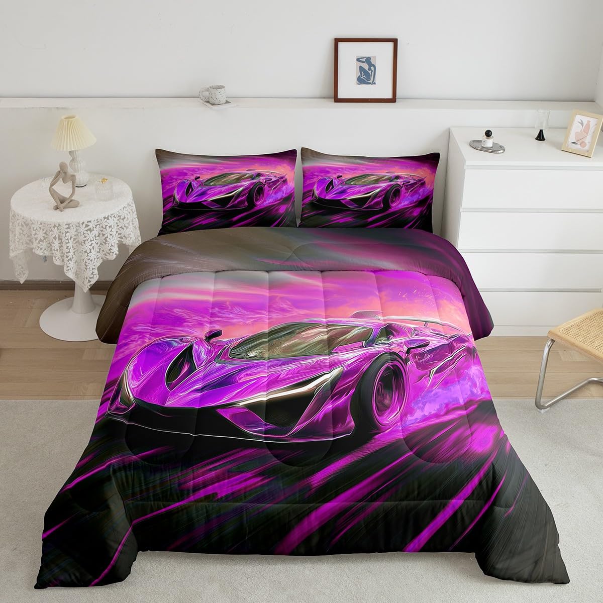 jejeloiu Race Car Comforter Set All Season Cooling Sports Car Bedding Set with 1 Pillow Cases Extreme Sports Microfiber Kids Twin Bedclothes Purple Bedroom Decor Duvet Quilt Breathable