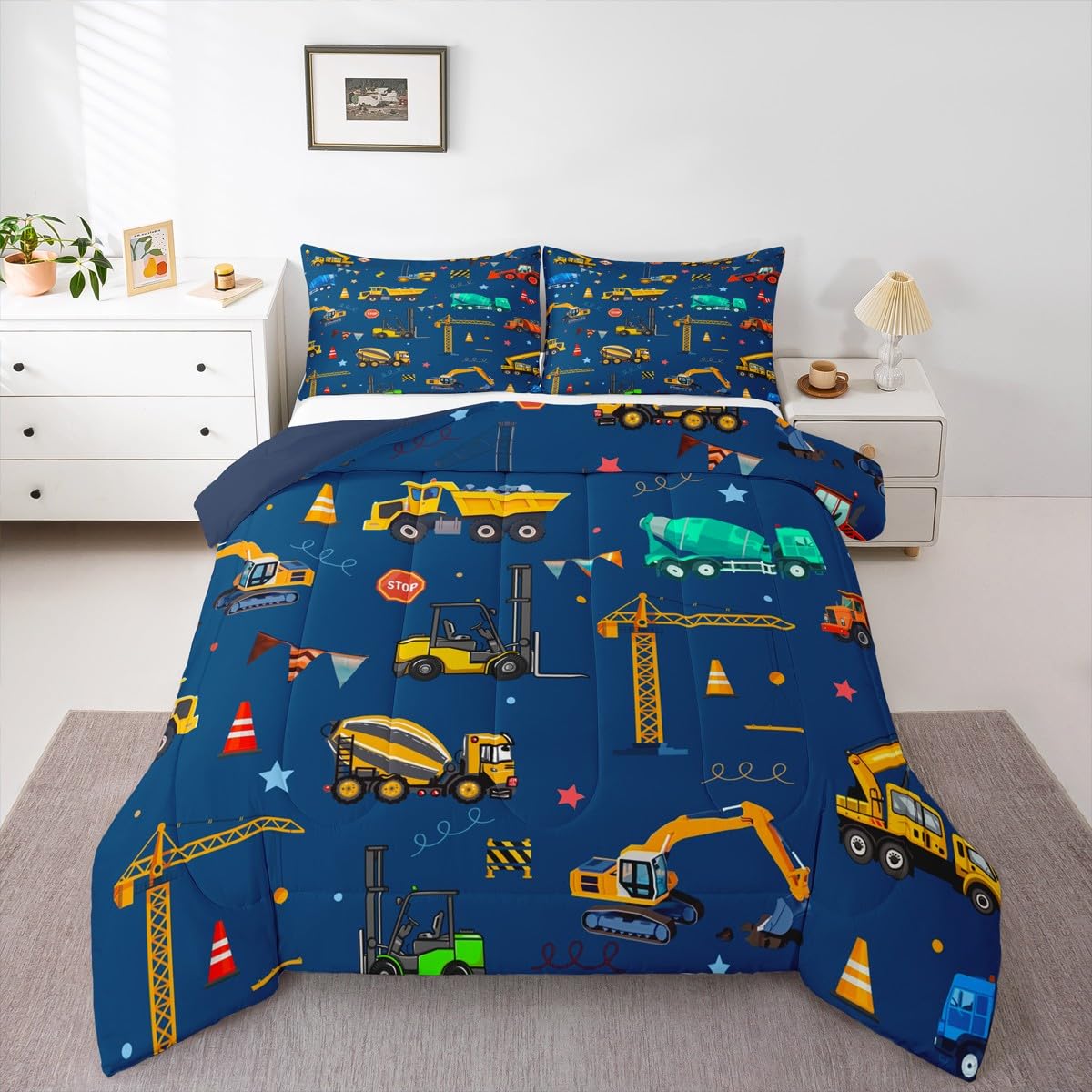 jejeloiu Cartoon Car Kids Comforter Set Twin Size Excavator Bedding Set Construction Duvet Quilt for Kids Boys Girls Bedroom Equipment Trucks Decor Microfiber Ultra Soft Breathable