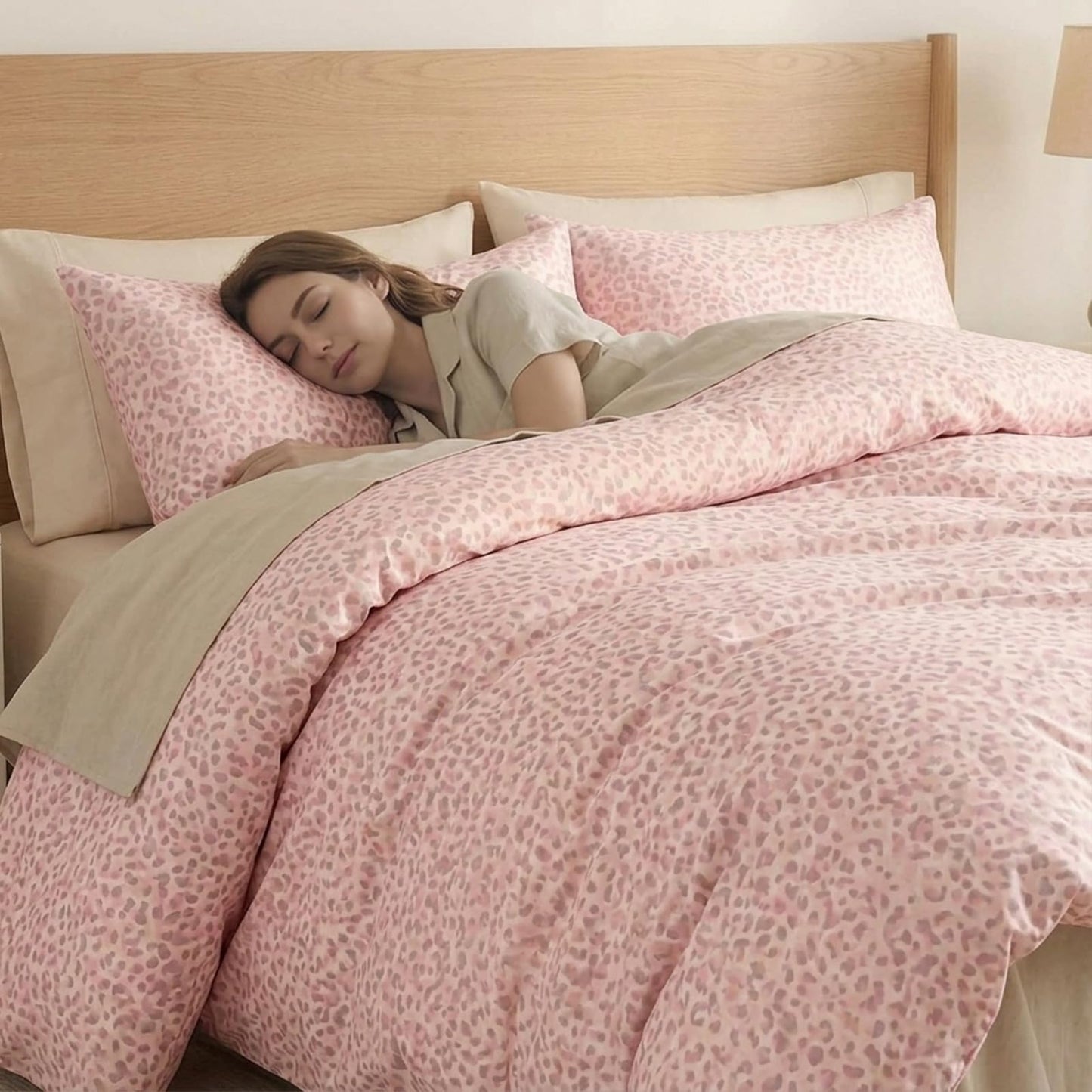 Cozaline 100% Cotton Duvet Cover King Size, Pink Leopard Print Bedding Set with Zipper Closure, African Wildlife Animal Skin Cheetah Print Comforter Cover with 2 Pillowcases for Women Men