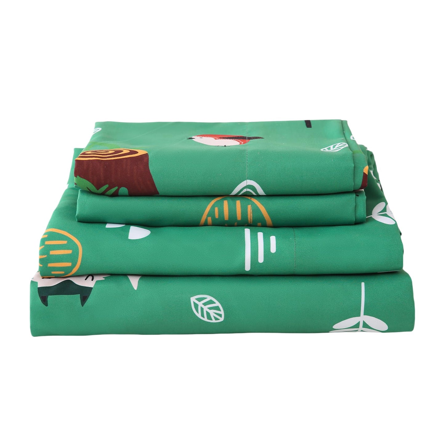 Green Forest Animals Twin Sheets Set for Kids 3 Piece Soft Microfiber Bed Sheets with Deep Pocket Cartoon Fox Owl Hedgehog Printed Bedding for Children Boys Kids (Animal Forest, Twin)