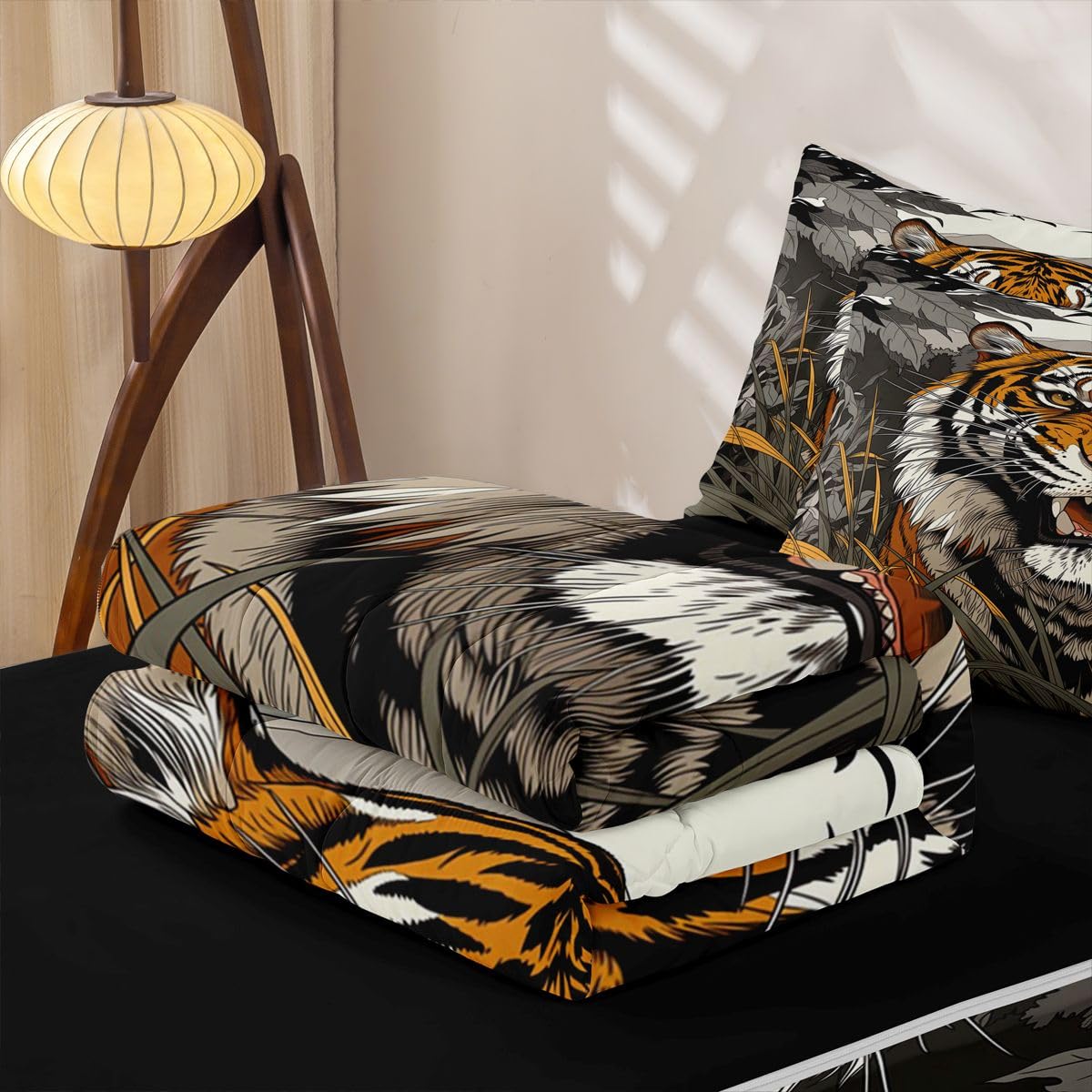 Erosebridal Tiger Zip Up Bedding Comforter Sets Twin Size, Japanese Style Comforter in One Zipper - Wild Animal Bedding Set with Pillowcases
