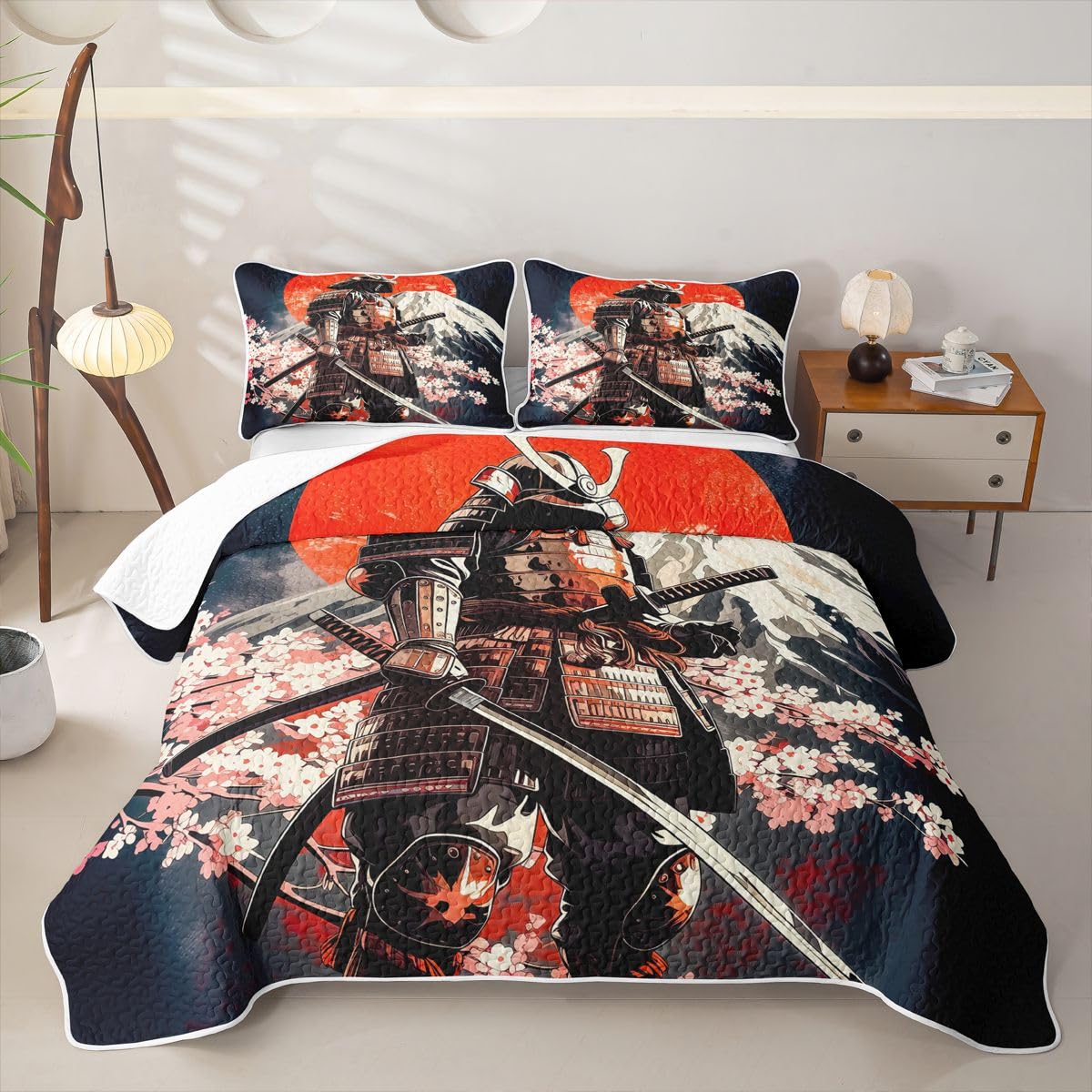 Erosebridal Japanese Samurai Quilt Twin Size - Red Sun Bedspread Sakura Flower Cherry Blossom Bed Coverlet with 1 Pillowcase