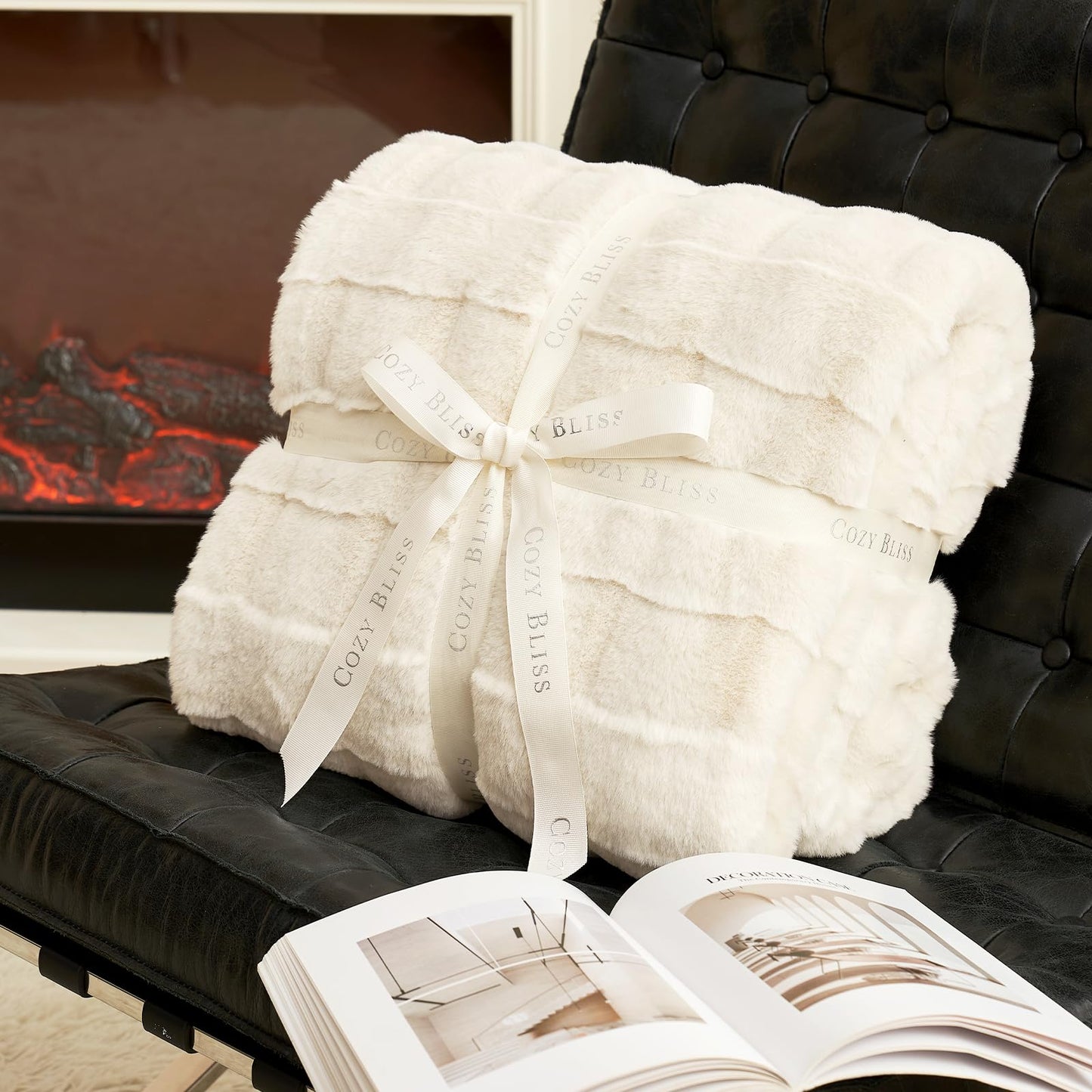 Cozy Bliss Fluffy Faux Fur Throw Blanket for Couch,Warm Cozy Soft Cream White Throw Blankets for Sofa Bed Living Room,50x60 Inches