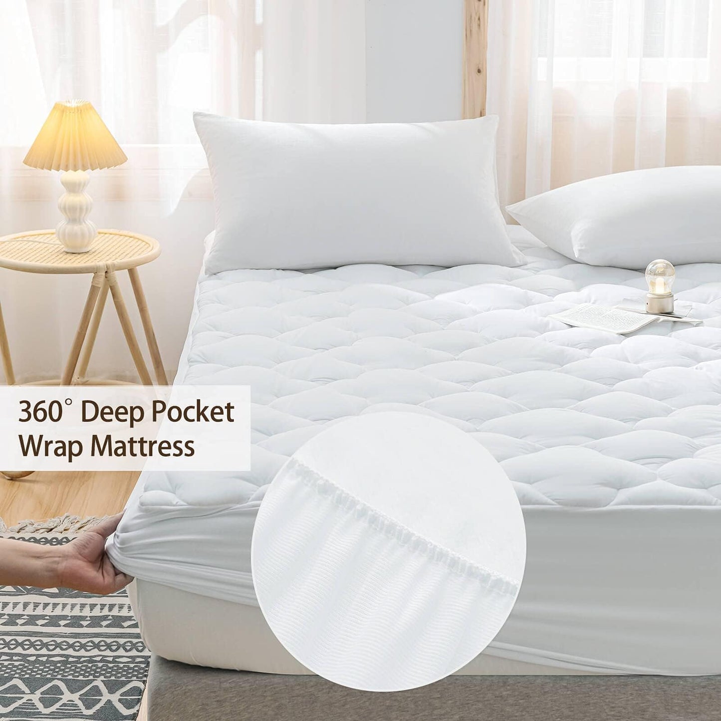 WhatsBedding Waterproof Mattress Pad Queen Size Cotton Top Down Alternative Filling Pillowtop Mattress Topper Cover-Fitted Quilted (Queen Mattress Pad)