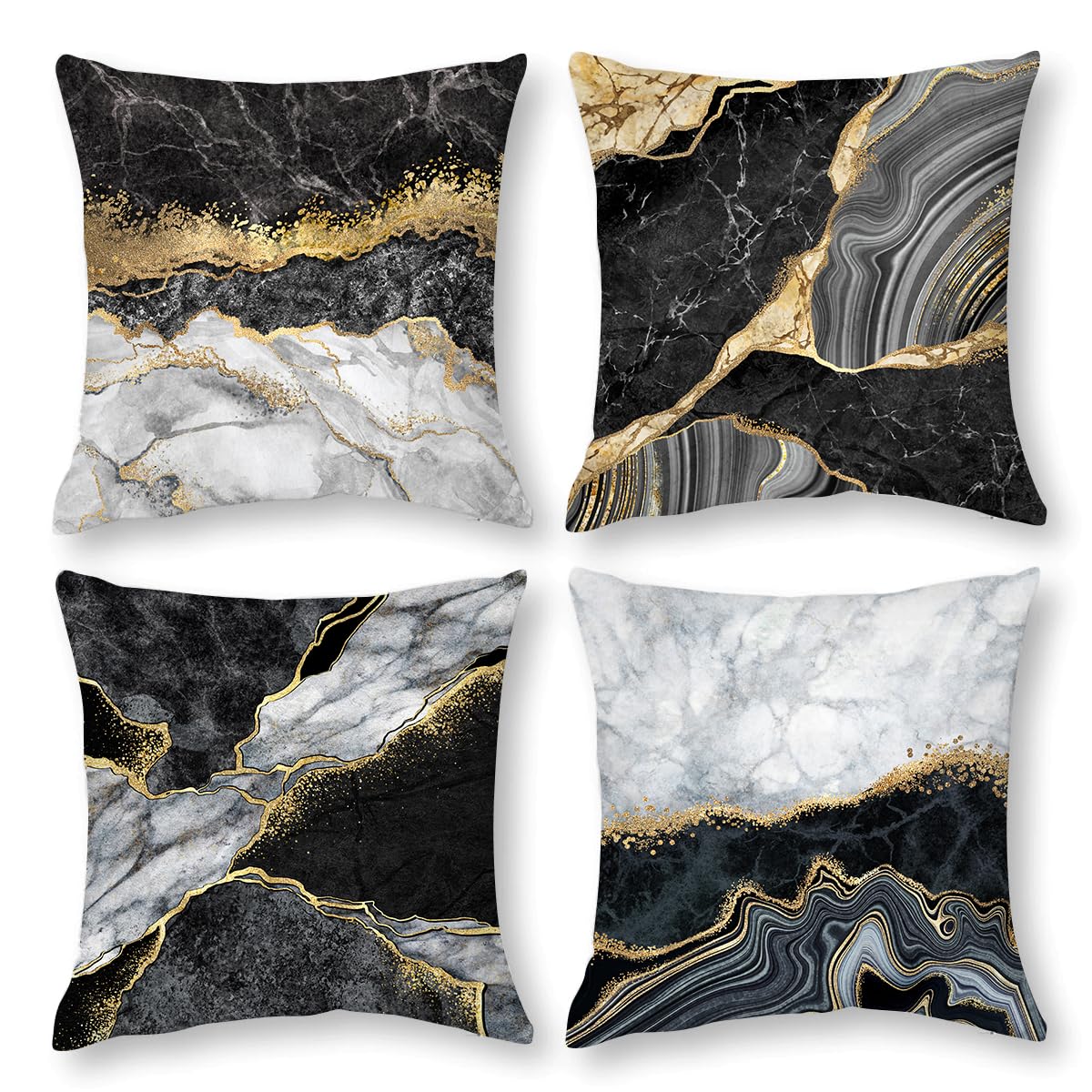 Black Gold Marble Texture Decorative Pillow Covers 18x18 Set of 4, Gold and Black Grey Throw Pillow Cases for Couch Sofa Bedroom Living Room Decor Home Cushion Cover,Black Gold Living Room Decoration