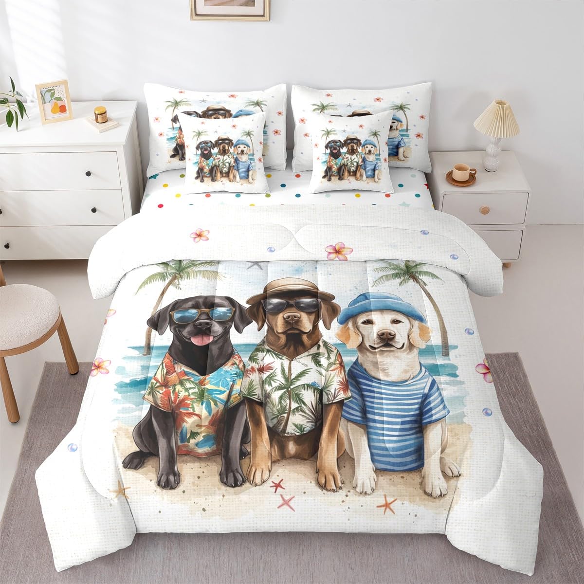 Erosebridal Summer Beach Bed in A Bag Full, Kawaii Dogs Comforter Set with Sheets, Sea Beach 7 Pieces Bedding Set for Kids Boys Teens Girls Women Men Bedroom, Floral Starfish Coconut Tree Bed Sets