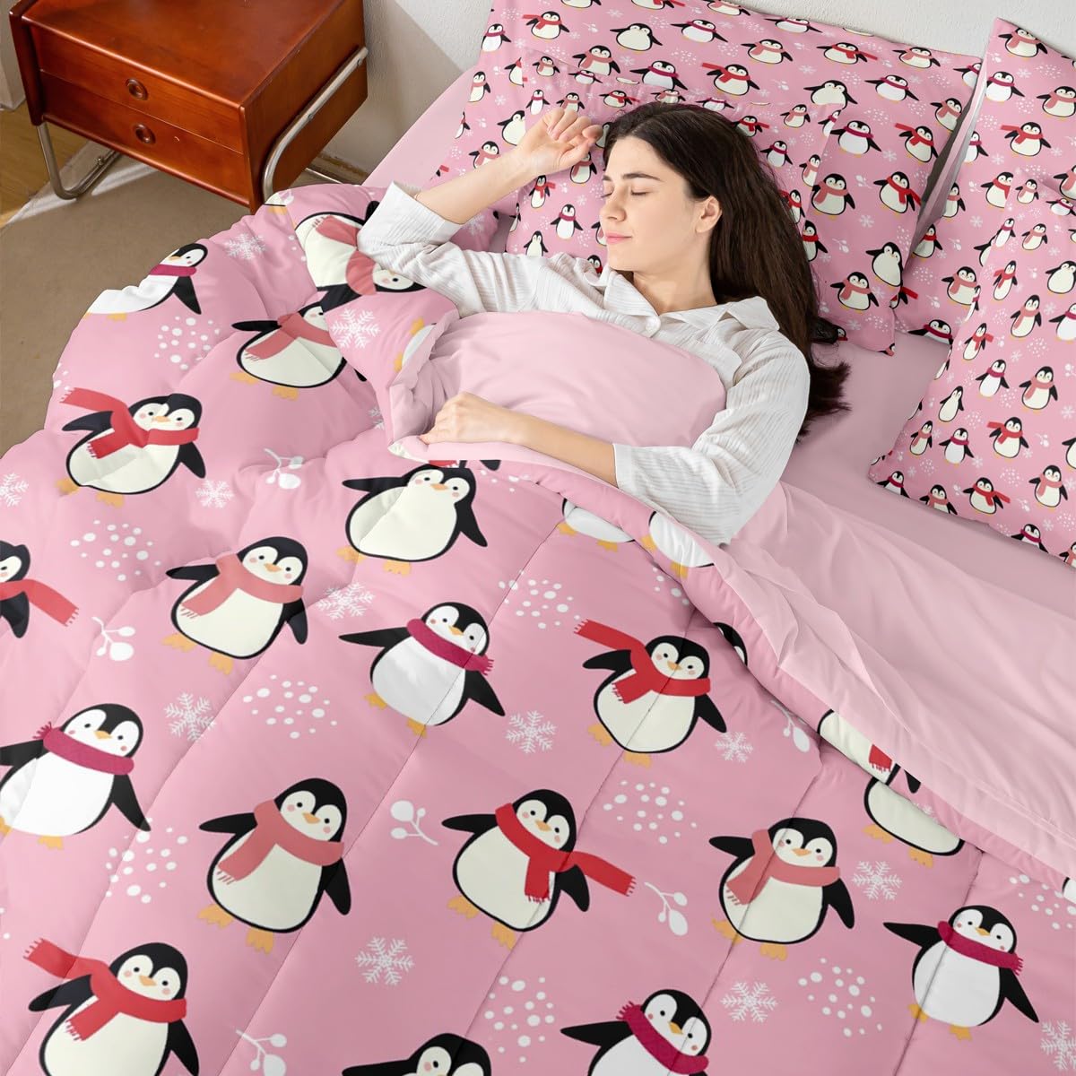 Erosebridal Cartoon Penguin Twin Size Comforter Set, Kawaii 7-Piece Bed in A Bag, Antarctic Animal Sheets and Pillowcases, Cute Winter Theme Bedding Set Room Decor