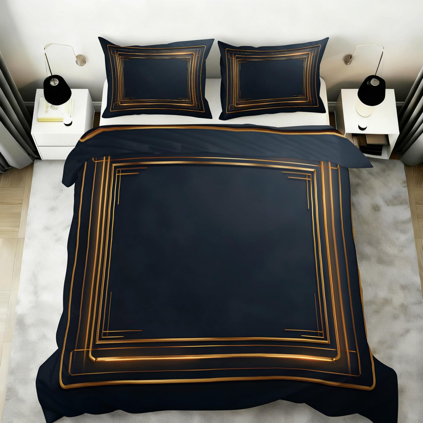 ZAOMIR Gold Geometric Duvet Cover Twin Size, Stripes Bedding Set 3 Piece, Minimalist Dark Blue Patterned Comforter Cover with Zipper Soft Microfiber, 2 Pillowcases