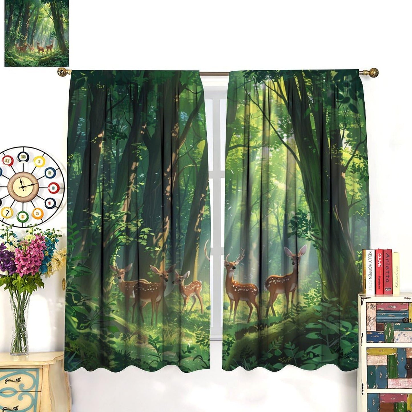 TOWINSFB Green Tree Deer Botanical Blackout Curtains, Butterfly Forest Nature Landscape Home Decor Rod Pocket Window Drapes for Living Room Bedroom - 42" W x 45" L