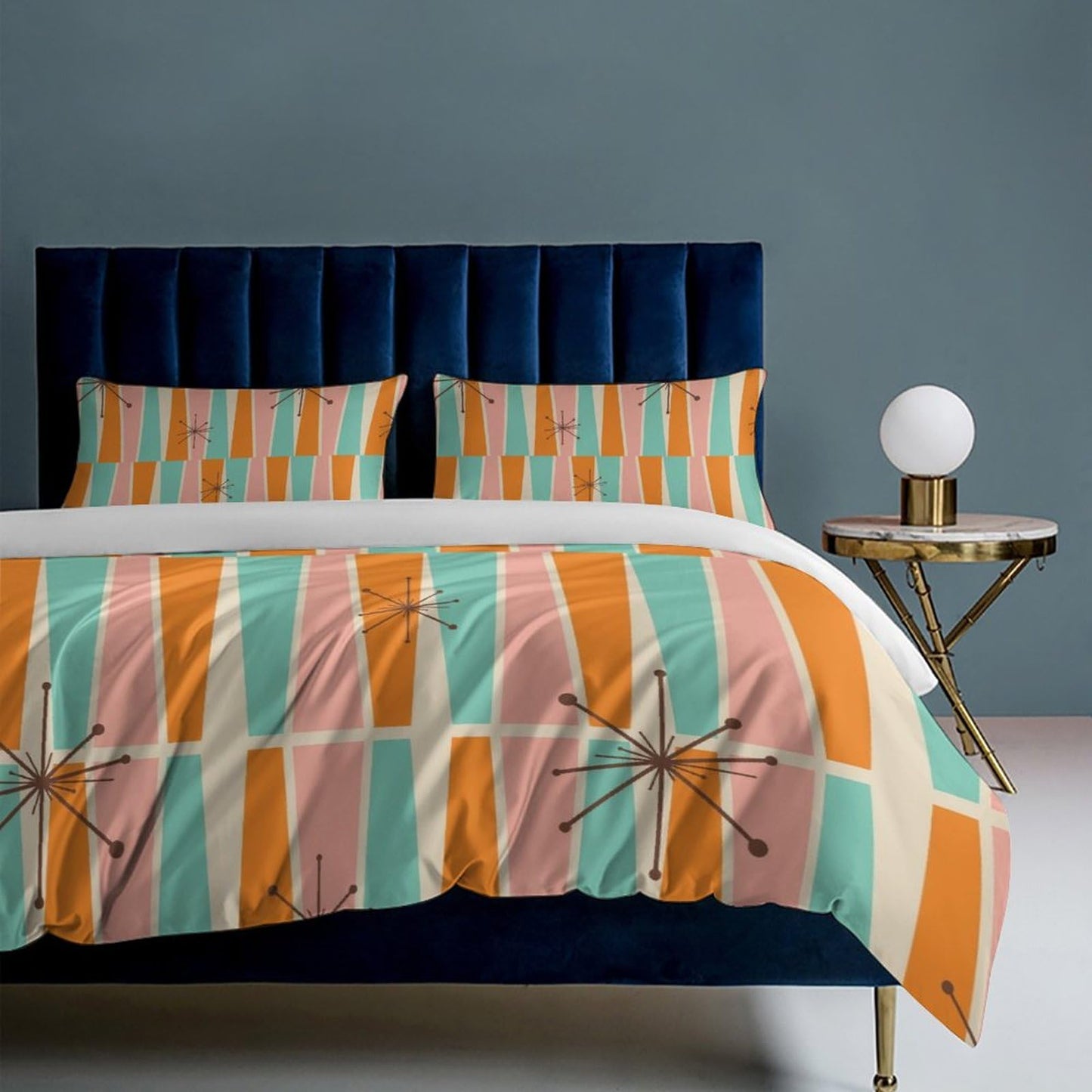 Modern Mid Century Duvet Cover Queen Retro Atomic Bedding Set, Rainbow Grid Comforter Cover Vintage Fifties 1950s Bed Set，Abstract Art Bedding 3 Piece (1 Duvet Cover 86"x70" + 2 Pillow Sham 20"x30")