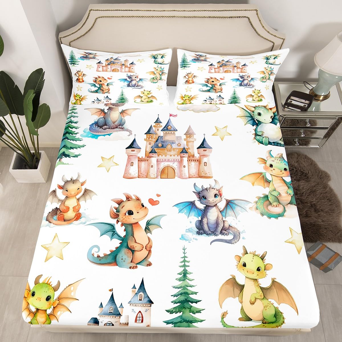 Kawaii Dragon Kids Fitted Sheet Twin Size,Western Dragon Castle Princess Bedding Set,Boys Girls Room Decor,Cartoon Animal Wildlife Bed Cover,White Bed Sheet,1 Pillowcase