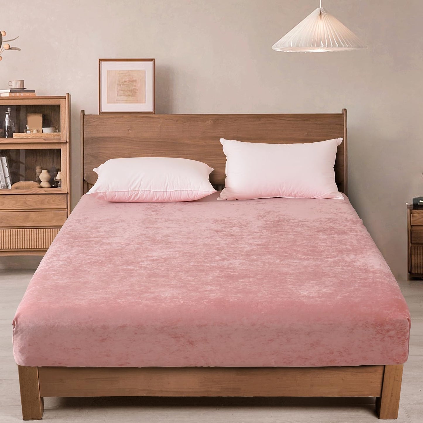 PHF Truly Velvet Fitted Sheet Only Queen Size, Luxury Super Soft Cozy Fuzzy Fleece Bottom Sheet, Deep Pocket Up to 16",Strenghth Elastic Band, Suitable for Fall Winter Spring, No Pillowcases, Pink
