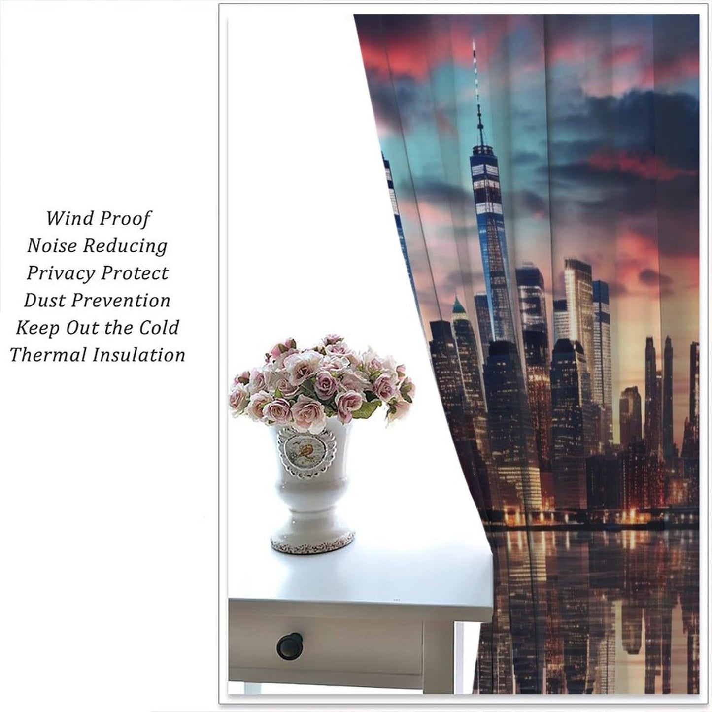 Urban Nightscape Curtains, Colorful Foggy Rosy Clouds Modern City Skyscraper Street Scenery Pattern Window Treatments, Blackout Rod Pocket Drapes For Living Room Bedroom Bathroom Kitchen 42x45in